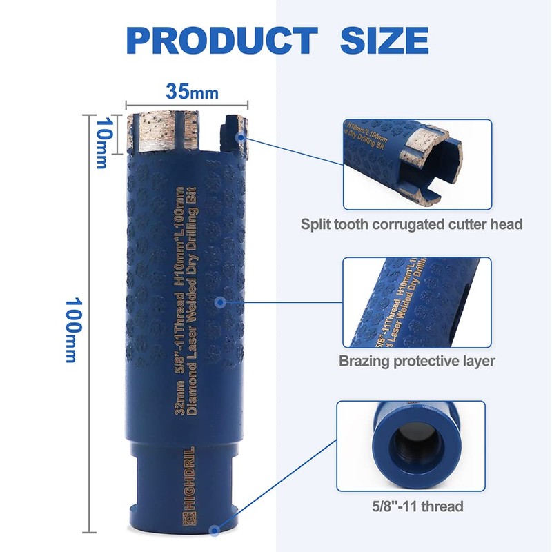 HIGHDRIL 1-3/8 Inch 35mm Diamond Core Drill Bits for Granite