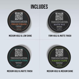 TRENDSTARTER - Men's Matte Premium Pomade Sample Pack - Cream, Wax, Forming Paste, Thickening Fiber (Four 0.25oz Samples in One Box)