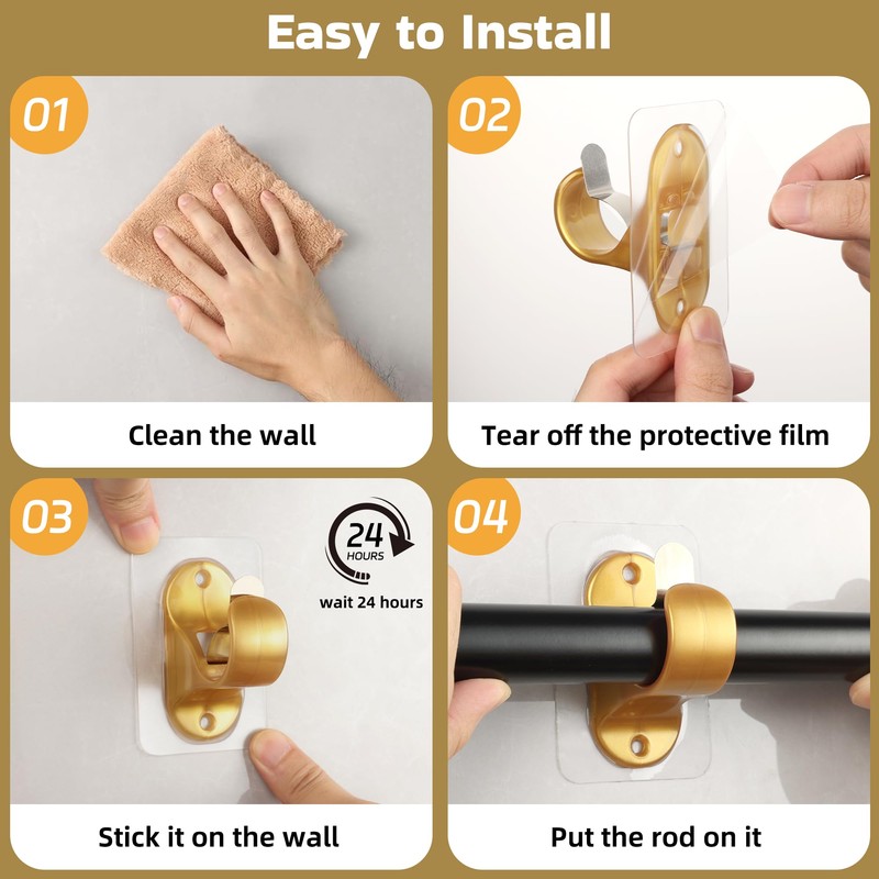 ANDGOO 6 Pack Curtain Rod Brackets No Drilling, Gold Curtain