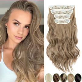 S-noilite 4PCS Clip in Hair Extension Full Head Thick Hair Pieces Synthetic Curly Wavy Balayage Hairpieces Long Hair Extensions with Highlights for Women(22 Inch,#22 Golden Blonde)