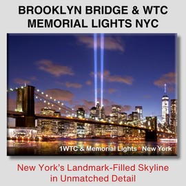 Brooklyn Bridge and Tribute in Light Magnet – 3.5x2.5 Inch NYC Memorial Souvenir – One World Trade Center Night Skyline Metal Fridge Magnet – ArtMalore 9/11 Landmark Tribute