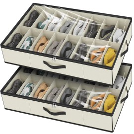 32 Pairs Foldable Underbed Shoe Storage Boxes Extra Large Underbed Shoe Bins with Handlescolor: Beige, size: 38"L x 24"W x 6"H