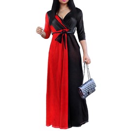 pnpednde Women's Plus Size Maxi Red Black Splice Print Long Casual Summer Sundress V-Neck 3/4 Sleeve with Belt Floral 182 X-Largel