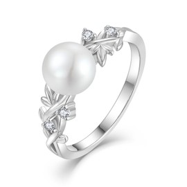 RGEMCY Pearl Leaf Rings for Women 925 Silver Freshwater Real Pearl Cz Rings for Wedding Engagement Anniversary Size10