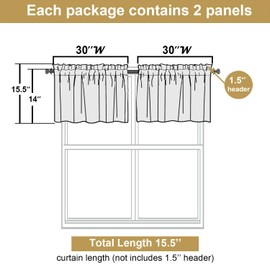 Lecloud Leia 14 Inch Black Sheer Valances for Windows 2 Pcs, Airy Jacquard Leaf Textured Short Curtains for Living Room Kitchen Bedroom Basement, Dual Rod Pockets Small Curtain, 30" W x 14" L