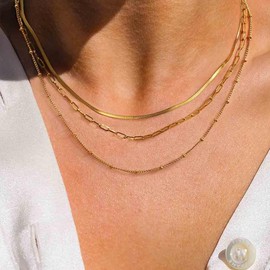 CONRAN KREMIX Waterproof Gold Layered Necklaces for Women, Non Tarnish 18k Gold Plated Stainless Steel Dainty Stack Thin Chain Necklace Set for Women Gifts Jewelry, Stainless Steel, No Gemstone