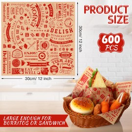 Outus 600 Pcs 12 x 12 In Deli Wax Paper Sheets Grease Resistant Tray Basket Liners Newsprint Paper Water and Grease Proof Sandwich Wrapping Paper Square Hot Dog Wrappers for Baking (Red on Brown)