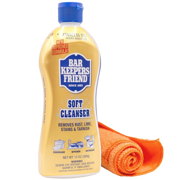Bar Keepers Friend 13oz Soft Cleanser Bundled with Premium Pantry Delight Microfiber Towel - Stainless Steel Cleaner for Pots and Pans, Cooktops, Hard Water Stains, Kitchens, Bathrooms & More