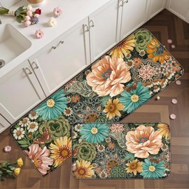 Tyrot Boho Floral Kitchen Mats for Floor 2PCS Anti Fatigue Mats for Kitchen Floor Cushioned Non Slip Waterproof Memory Foam PVC Kitchen Rugs Set for Sink,Office,Laundry 17.3"x28"+17.3"x47"