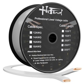 HiFind Premium 16 Gauge Flat Speaker Cable Wire 100 Ft White, OFC Electrical Low Voltage Audio Wire 16/2 AWG, Thin&Flexible PVC CL2 in Wall Rated Outdoor for Home Theater, Car Stereo, Automotive