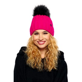 ELIMELI Cashmere Hat, Women's Winter Warm Knitted Hat, Wool Hat with Cashmere Winter Hat with Faux Fur Bobble Slouch Knitted Beanie Women's for Winter Bobble Hat Made in EU, beige