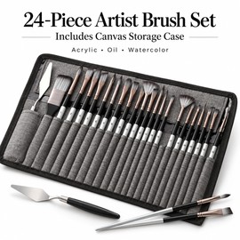 24-Brush Artist Paint Brush Set with Palette Knife & Storage Case – Nylon Brushes for Acrylic, Oil, Watercolor, Models & Crafts