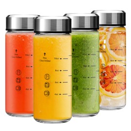 Olivego 12oz Juice Bottles - 4 Pack Wide Mouth Glass Bottles with Lids- BPA Free, Stainless Steel Lids for Juicing, Smoothies, Infused Water, Beverage Storage - Leakproof, Borosilicate, Clear