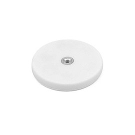 White Rubber Coated POS Magnets for Retail Fixing and Holding Heavy Objects - 43mm dia x 6mm High c/w M4 Boss Thread Flush x 3mm deep - 8kg Pull