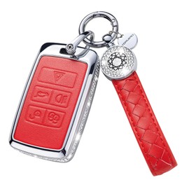 SHANGHONG for Land Rover Key Fob Cover with Keychain, Genuine Leather Crystal Key Case Protection Shell Compatible with Land Rover Vogue Range Discovery Rover Sport (Red)