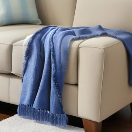 HomeRoots 50" X 60" Blue Woven Cotton Throw Blanket with Fringe