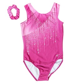 Destira Decadence Gymnastics Leotard For Girls, Raspberry Pink Tank With Dazzling Crystals And Matching Scrunchie, Child Medium (8)