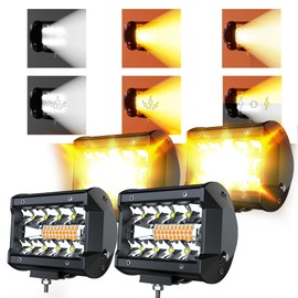 FEELON LED Light Bar 4PCS 4'' Inch White/Amber Yellow LED Pods Equivalent to 240-Watt Strobe Light Driving Fog Lights Triple Row Off Road Lights with Six Modes for Trucks Polaris Boats Pickup UTV ATV
