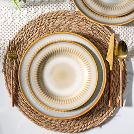 LERATIO Ceramic Dinnerware Sets for 6,Handcraft Embossed Stoneware Plates and Bowls Sets,Highly Chip and Crack Resistant | Dishwasher & Microwave & Oven Safe Dishes set,Service for 6 (18pc)-Kahki