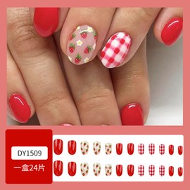 Red Short Almond Press on Nails Spring Fake Nails Cute Flower False Nails with Checkered Strawberry Designs Acrylic Nails Spring Glue on Nails Glossy Almond Artificial Nails Stick on Nails for Women