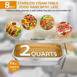 Suttmin 8 Pcs 304 Stainless Steel Food Storage Containers with Lid Hotel Pans for Kitchen Home Catering Food Prep Restaurant Buffet Hotel(2.5 Inch Deep)