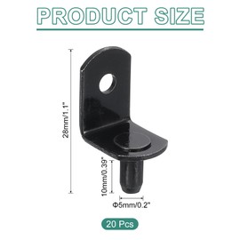 sourcing map 20Pcs Shelf Support Pegs, 5mm L-Shaped Bracket with Hole, Metal Support Pegs Holder for Kitchen Cabinet Bookcase (Black)