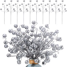 Hiboom 30 Pcs 14 Inch Silver Christmas Tree Picks and Spray Glitter Ball Curly Picks Large Artificial Berry Stems and Sticks for Christmas Tree Decor Holiday Vase Fillers Topper Ornaments
