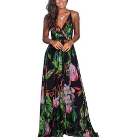 Vangreynve Women's Floral Dress Sleeveless V-Neck Summer Dresses Boho Swing Beach Dress Long, Green