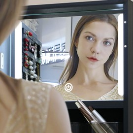 MASMIRE Full Length Mirror Jewelry Cabinet Standing With Built-In Mirror - 63.7”H Jewelry Armoire With Mirror & 3 Drawers, Lockable Storage Mirror With 3 Storage Racks (Black)