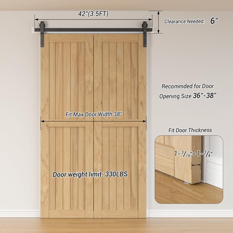 3.5FT/42 Bi-Folding Sliding Barn Door Hardware Kit,Heavy Duty Roller Track