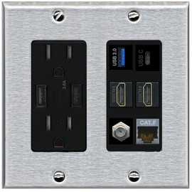 RiteAV USB 3 USB C 2 HDMI Coax Cat7 Wall Plate - USB Charger Outlet [Stainless/Black]