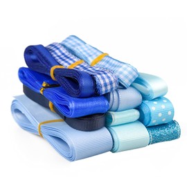 Matory 12 Assorted Blue Ribbon Blue Satin Ribbon Blue Sheer Ribbon Grosgrain Dot Ribbon, 36 Yards