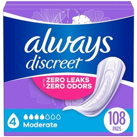 Always Discreet Adult Incontinence Pads for Women, Moderate Absorbency, Regular Length, Postpartum Pads, 108 CT (Packaging May Vary)
