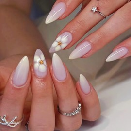 24Pcs Press on Nails Medium Long Almond Fake Nails French Tip with Pink Purple White Flower Rhinestones Designs Full Cover Glossy Glue on Nails Thick Acrylic False Nails Cute Stick on Nails for Women Girls DZ681-B7