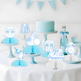 Cheereveal 8PCS Pjs & Prosecco Honeycomb Centerpieces for Women, Blue Sleepover Table Topper Decorations, Pajama Theme Slumber Night Out Bridal Shower Wedding Engagement Bachelorette Party Supplies