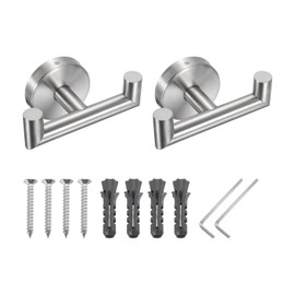 PATIKIL Double Towel Hook, 2Pack Stainless Steel Wall Mounted Hanger Round Towel Holder for Hanging Bathroom, Bedroom, Dormitory, Hang Towel, Clothes, Coat, Robe, Hat, Silver Tone