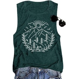 Graphic Tank Tops for Women Camping Outdoor Hiking Mountain Tank Causal Summer Travel Athletic Workout Sleeveless Shirts Top-M (Green)