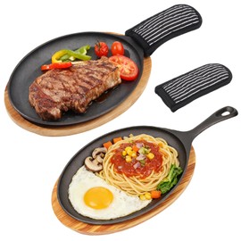2 Sets Cast Iron Fajita Skillet Set Sizzling Plate with Wooden Base & Anti Scald Protection Hot Handle Cover, Cast Iron Skillets Set for Home Barbecue Kitchen Party Restaurant Catering Service