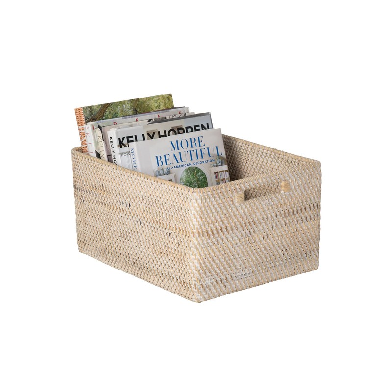 Loma Rectangular Rattan Storage Basket with Cut-Out Handles - White-Wash