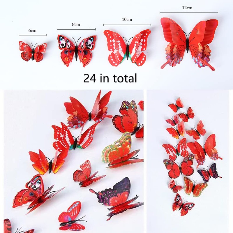 CL-Link 24PCS 3D Butterfly Wall Decals Red Double Layer Butterflies