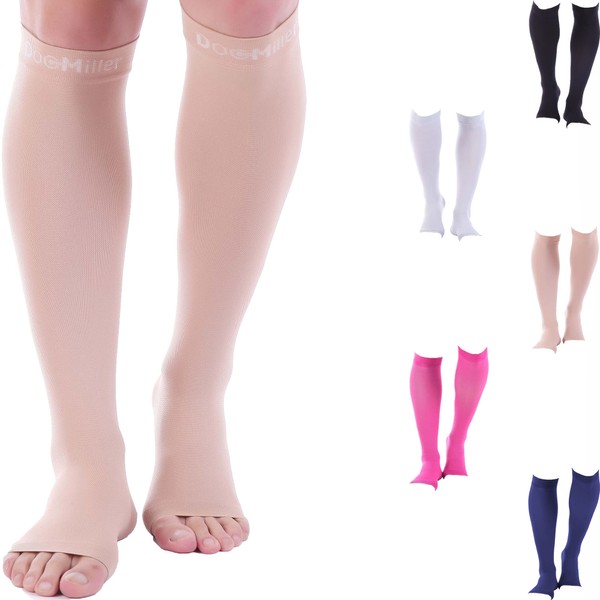 Doc Miller Open Toe Compression Socks for Women 8-15 mmHg Compression Socks for Men & Women Support Circulation, Shin Splints, Varicose Veins Recovery, 1 Pair of Knee High Socks Skin Color Large Size