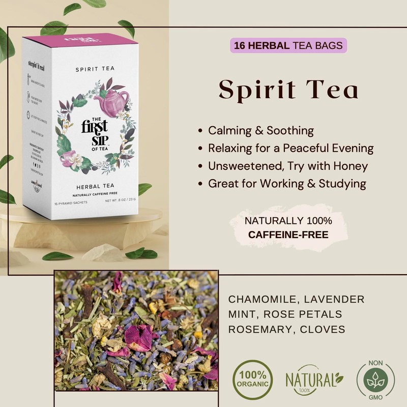 Spirit Tea, Herbal Tea Bags, Chamomile, Lavender, Rose, Cloves, Caffeine-Free,