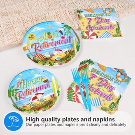 Grencian 96Pcs Tropical Retirement Party Decorations Tropical Hawaiian Luau Plates Disposable Happy Retirement Paper Tableware for Summer Aloha Beach Party Supplies Serve 24
