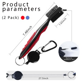 OBTANIM 2 Pack Golf Club Brush Groove Cleaner Tools with Retractable Zip-line Aluminum Carabiner for Golf Club Bag Accessories (Red and Blue)