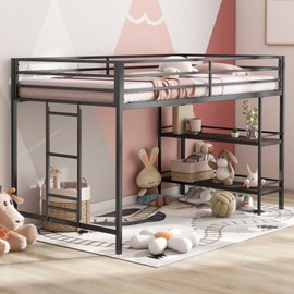 Twin Size Low Loft Bed with Storage Shelves for Kids,Kids Loft Bed Twin Size,Metal Loft Bed Frame for Boys Girls,Junior Low Loft Bed,Black