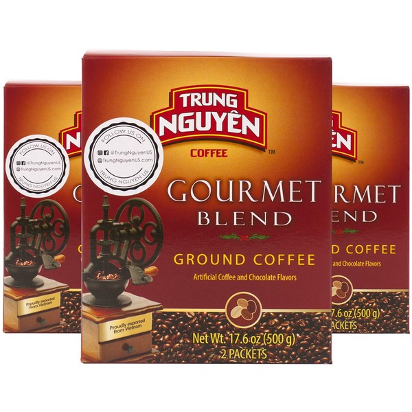 Trung Nguyen — Gourmet Blend — Roasted Ground Coffee Blend — Strong and Bold — Robusta, Arabica, Excelsa, & Catimor — Notes of Chocolate, Spices, & Fruit — Vietnamese Coffee 17.6oz (Pack of 3)