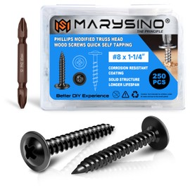 Wood Screws 250Pcs #8 x 1-1/4", Phillips Modified Truss Head 1 1/4 Black Screws, Zinc Oxide Self Tapping Assorted Small Wood Screws for Household Appliances Furniture, Woodworking, Outdoor By Marysino