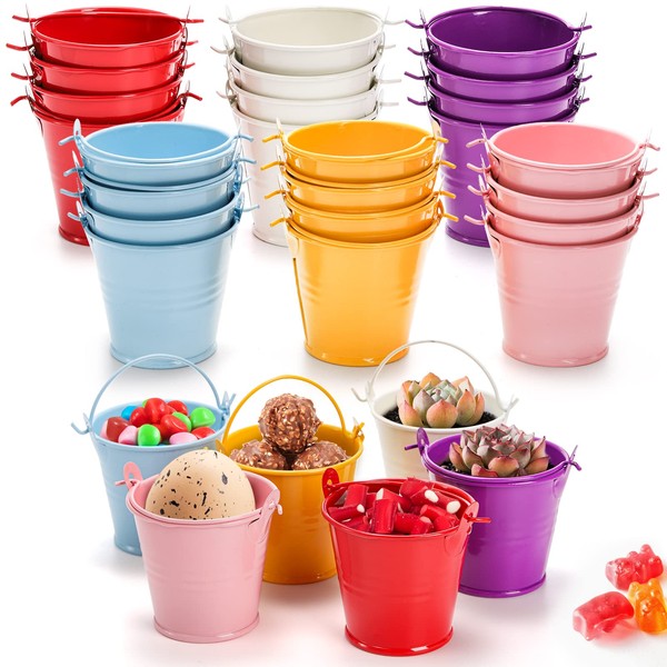 TOPZEA 24 Pieces Mini Metal Buckets for Party Favors, 2 Inch Galvanised Bucket with Handle, Decorative Colored Metal Buckets, Small Tin Bucket for Party, Craft, Easter, Classroom Supplies, 6 Colors