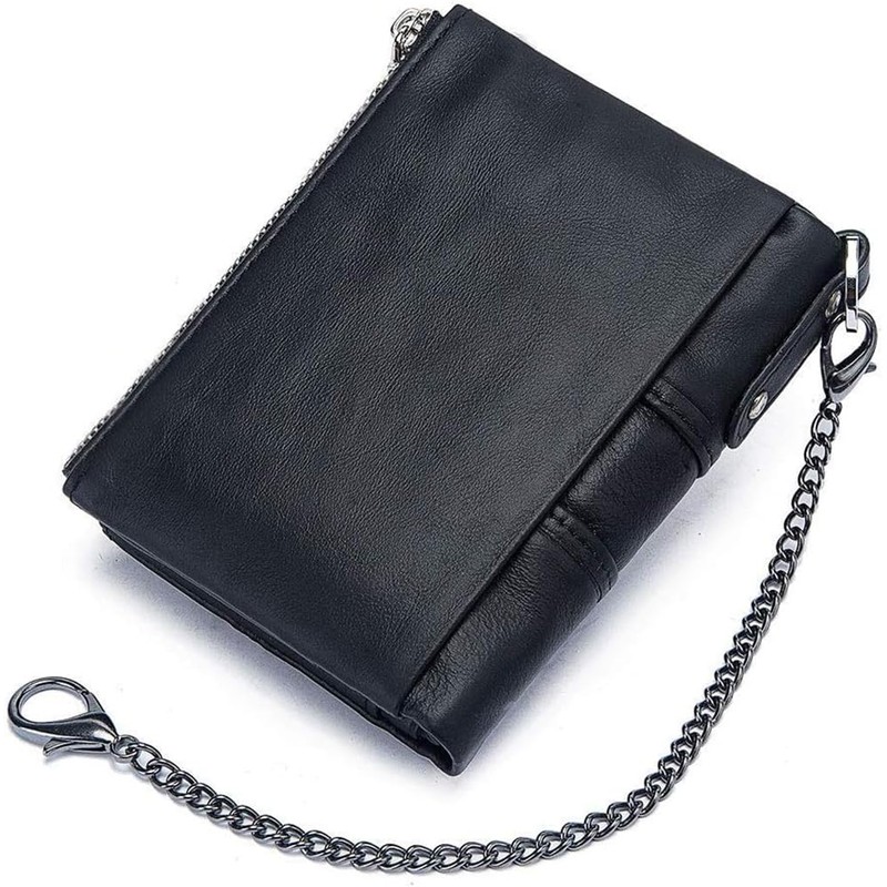 DUXIAOSHA Men's Genuine Leather Wallet, Bi-Fold Wallet, Wallet with Chain,