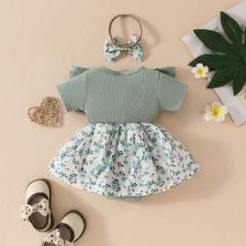 Infant Newborn Baby Girls Summer Rompers Dress Ruffle Sleeve Ribbed Bodysuit Floral Bowknot One-piece with Headband(Green,3-6M)
